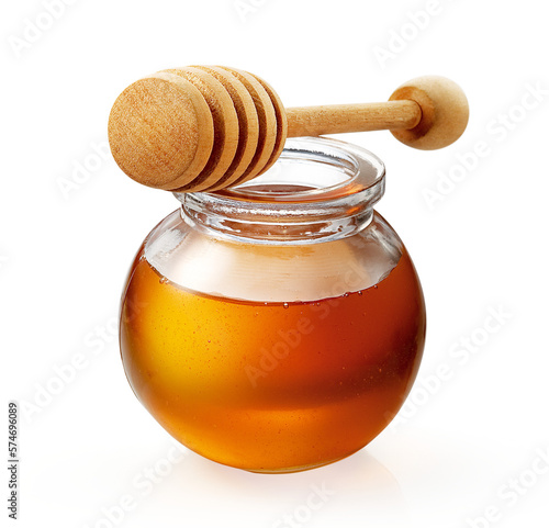 Pote de vidro com mel com pegador de mel de madeira em fundo transparente - Mel em pote de vidro
 photo