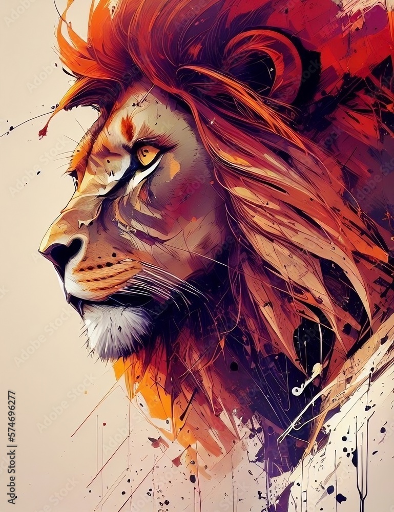 Abstract portrait of a lion, digital art painting, art concept generative Ai