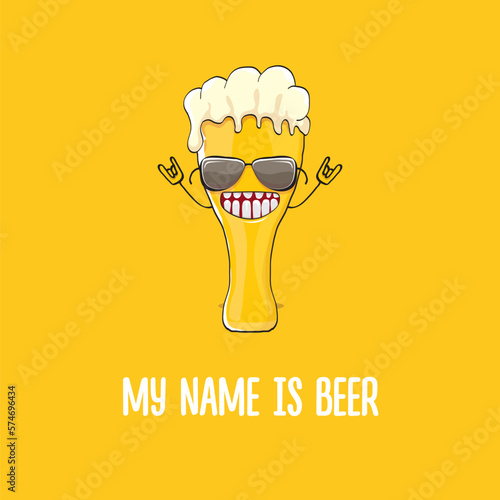 vector cartoon funky beer glass character with sunglasses isolated on orange background.vector beer comic label or poster design template. My name is beer or happy friday print illustration