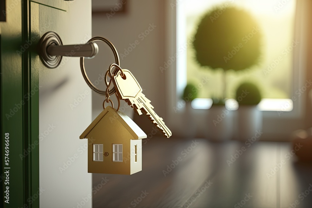 Opening door with golden house key chain on fuzzy interior background and mockup for your advertisement. Homebuying idea. Generative AI - obrazy, fototapety, plakaty 
