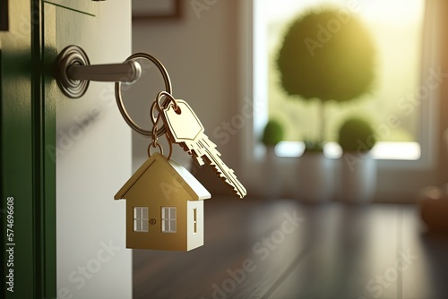 Obraz na płótnie Opening door with golden house key chain on fuzzy interior background and mockup for your advertisement. Homebuying idea. Generative AI w salonie