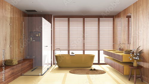 Japandi wooden bathroom in yellow and beige tones. Freestanding bathtub  shower and washbasin with mirror. Marble tiles floor. Clean interior design