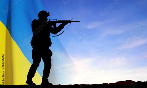 Flag of Ukraine with silhouettes of soldiers against the sunset. Armed forces of Ukraine concept. EPS10 vector