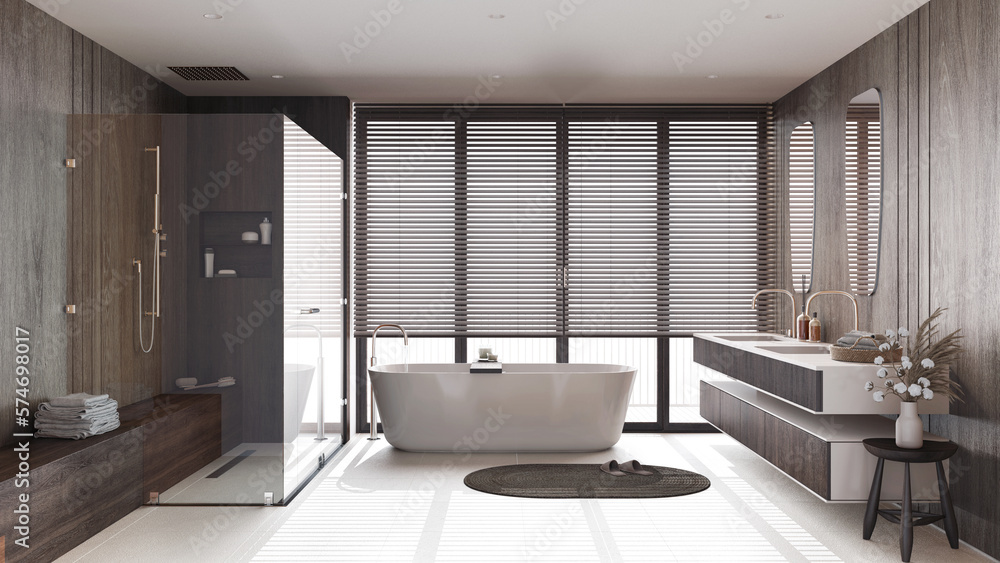 Fototapeta premium Japandi dark wooden bathroom in white and beige tones. Freestanding bathtub, shower and washbasin with mirror. Marble tiles floor. Clean interior design