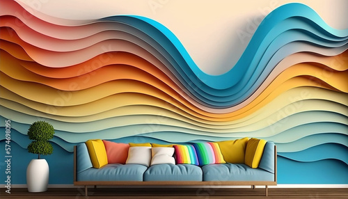 colorful wave geometric background on the wall with sofa chair. Generative AI