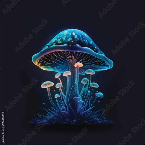 Cute glowing magical mushroom Illustration on black background