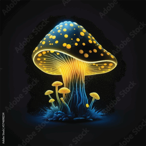 Cute glowing magical mushroom Illustration on black background
