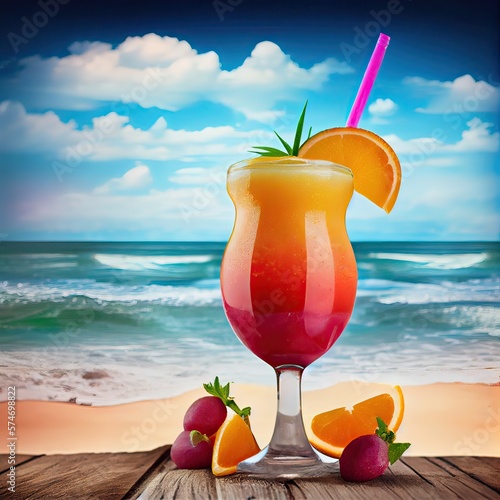 Tropical fruits with fresh juice cocktails in mason jars on a wooden table on a sand beach and sea background. Generative Ai