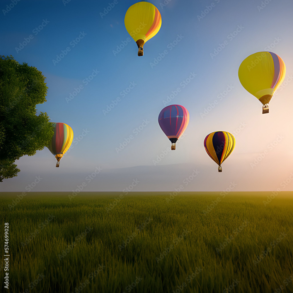 Naklejka premium Hot air balloons with different colors stripes, colorful aerostat on nature background. 3d photo realistic vector illustration. Realistic concept art. Cartoon digital painting. Generative AI 
