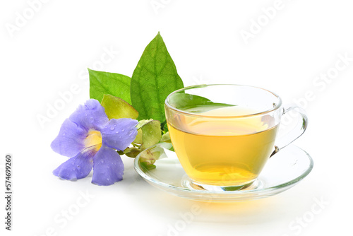 Laurel clock vine (Thunbergia laurifolia) tea with flower and leaves isolated on white background.