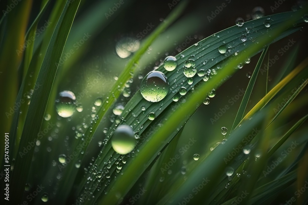 Grass with drops of water close up, concept of Macro Photography, created with Generative AI technology Grass with drops of water close up, concept of Macro Photography, created with Generative AI technology