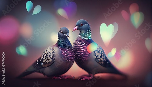 Cute couple of loving and colorful pigeons mating. Wood pigeons  pair of birds mating ritual in hearts shape blur background. Generative Ai