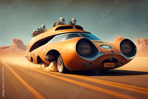 Family car going with supersonic speed, concept of Acceleration and Vacation, created with Generative AI technology photo