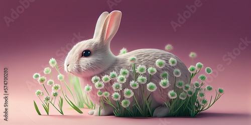 3d rendered Illustration of Cute easter rabbit with meadow flowers and grass on pink background with empty space for text or product. Currious small bunny symbol of spring and easter. Generative AI photo