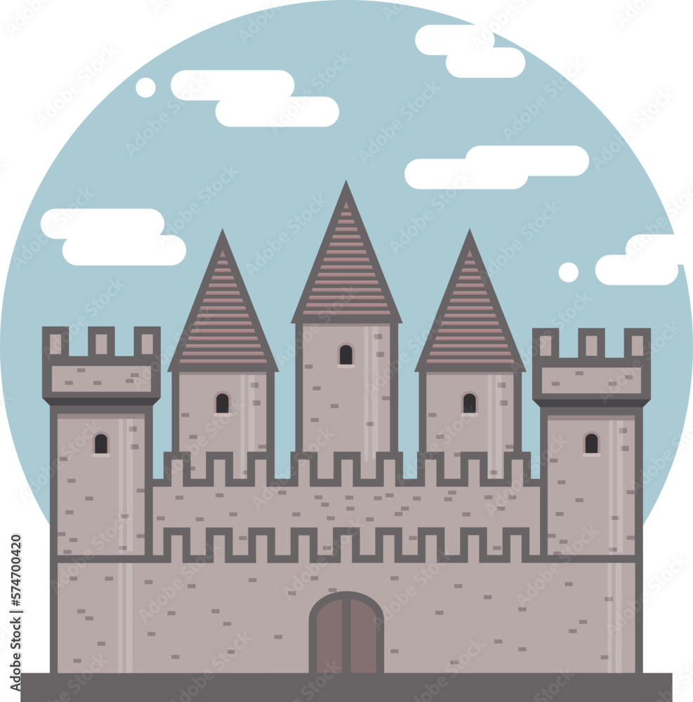 Medieval ancient castle flat icon. Fortress on sky circle background. Medieval architecture. Vector illustration of knight castle with walls and towers isolated on white background