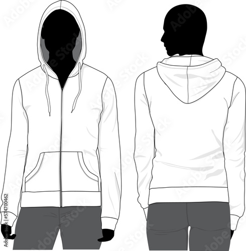 Women's zip-up hoodie Sweatshirt Model Mockup Sketch Template Technical CAD Illustration