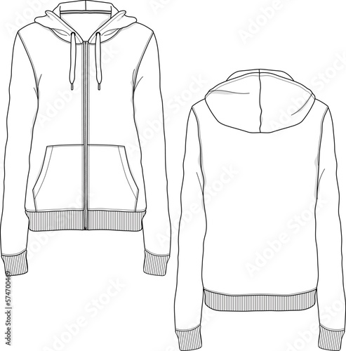 Women's zip-up hoodie Sweatshirt  Flat Mockup Sketch Template Technical CAD Illustration	
