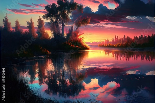 illustration of sunset over the river. Generative AI © CREATIVE STOCK