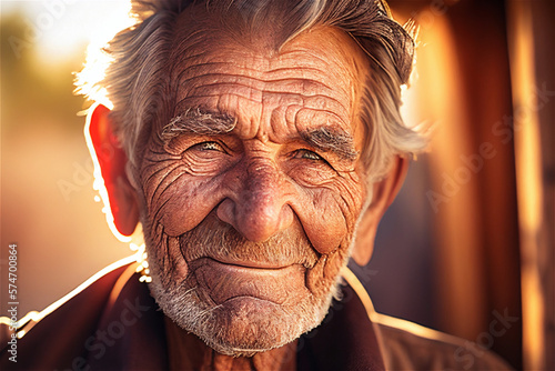 Old white man with wrinkles  smiling and enjoying warm sunlight, looking happy, illustration generative AI