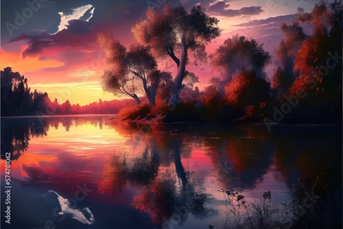 illustration of sunset over the river. Generative AI