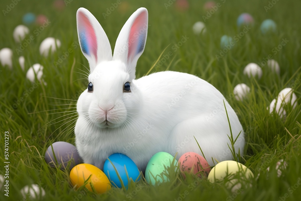 Fototapeta premium white rabbit with Easter eggs on grass