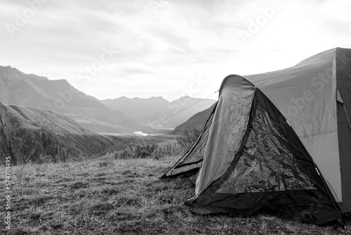 tent in the mountains. Black and white toned image  © avtk