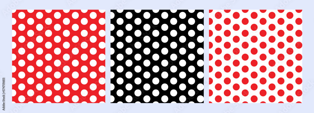 Repeating Pattern Tile in Red, Black and White Polka Dots. Vector Seamless Patterns. Kids Party Backgrounds. Children Birthday Invitation Backdrops. 
