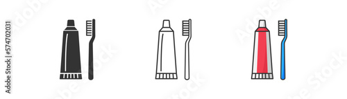 Toothpaste and toothbrush icon on light background. Dentist symbol. Oral cleaning, night, toothcare. Travel equipment concept. Outline, flat and colored style. Flat design. Vector illustration.