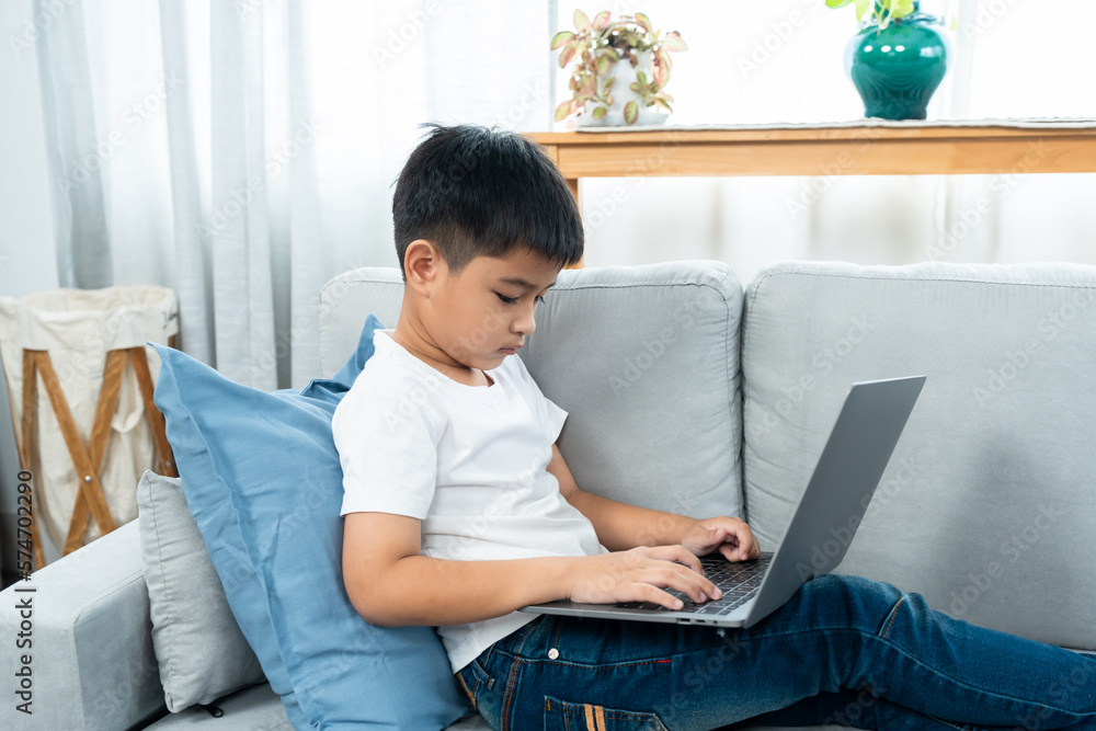 Naklejka premium Asian boy sitting open notebook, studying online morning, sitting on living room sofa house, looks determined to study, When class was finished, they sat down to do homework that teacher ordered.