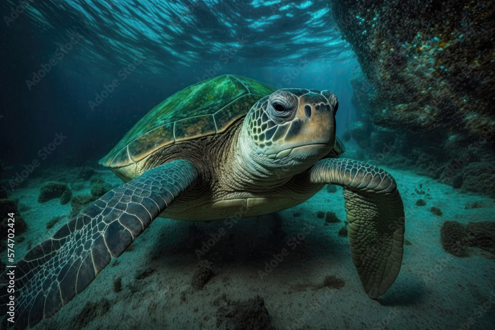 Obraz premium Underwater shot of sea green turtle. Generative AI.