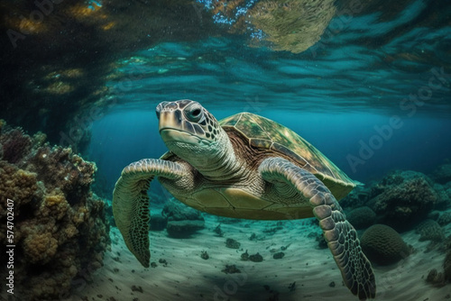 Underwater shot of sea green turtle. Generative AI.