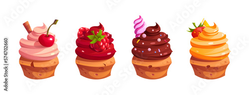 Set of different cupcakes with cream and berries. Vector cute cartoon illustration. Bakery shop, dessert, sweet products, cooking.