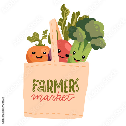 Hand drawn organic food characters in tote bag isolated on white background. Banner template of a eco friendly, green lifestyle, local vegetables. Farmers market. Vector flat hand drawn illustration.
