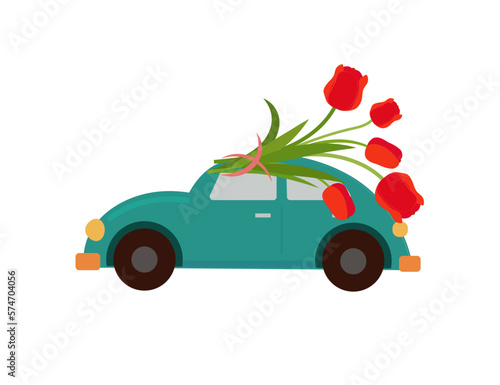 Car and a bouquet of flowers (tulips). Holiday March 8, mother's day. Postcard. Vector icon