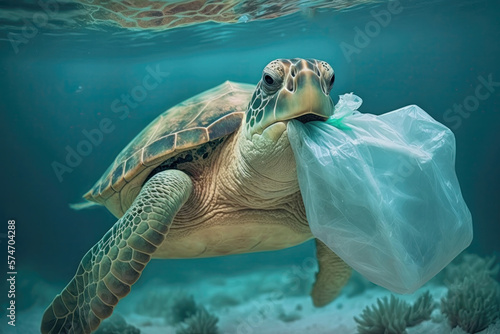 Underwater illustration of sea green turtle eats plastic bag. Generative AI.