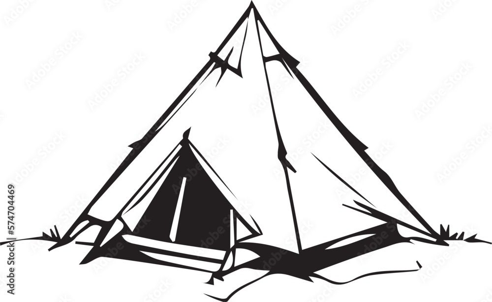 Illustration of a prefabricated modern tent in black and white 2D form. Using medium ink style. Tent design uses basic shapes such as domes and cones. Illustration of a prefabricated modern tent in black and white 2D form. Using medium ink style. Tent design uses basic shapes such as domes and cones.