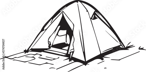 Illustration of a prefabricated modern tent in black and white 2D form. Using medium ink style. Tent design uses basic shapes such as domes and cones.