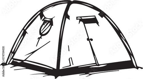 Illustration of a prefabricated modern tent in black and white 2D form. Using medium ink style. Tent design uses basic shapes such as domes and cones.