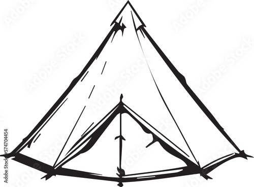 Illustration of a prefabricated modern tent in black and white 2D form. Using medium ink style. Tent design uses basic shapes such as domes and cones.