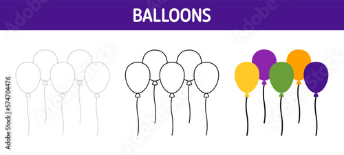 Balloons tracing and coloring worksheet for kids