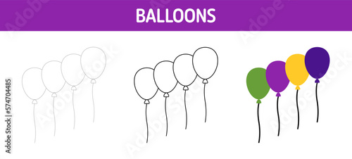 Balloons tracing and coloring worksheet for kids