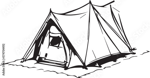 Illustration of a prefabricated modern tent in black and white 2D form. Using medium ink style. Tent design uses basic shapes such as domes and cones.