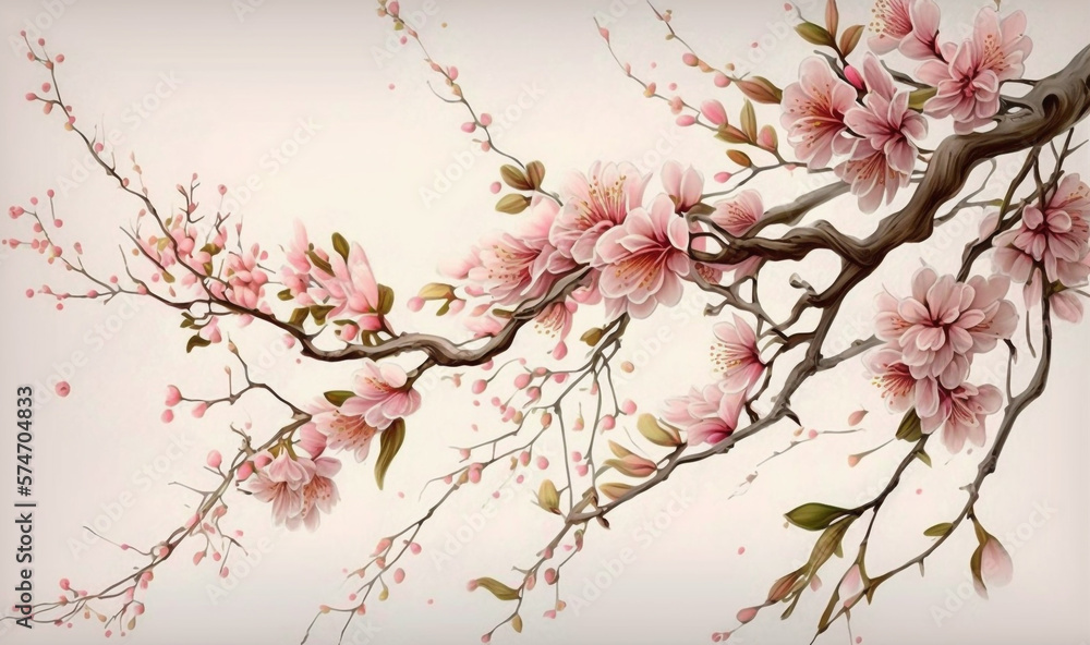 Pretty spring cherry blossom branches on turquoise blue background with copy space for your design. Springtime holidays and nature concept Pretty spring cherry blossom branches on turquoise blue background with copy space for your design. Springtime holidays and nature concept