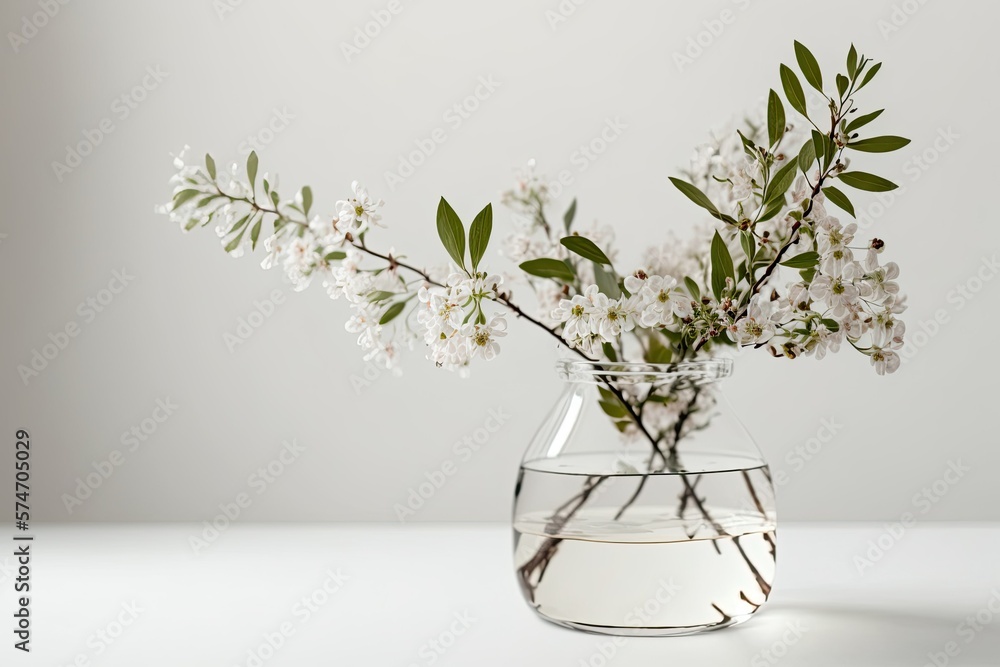 Cherry blossom branches in a glass vase on white with writing space. spring bouquet. room decor. Elegant business card mockup. Mother's Day postcard. Freshness. Minimalist. Generative AI
