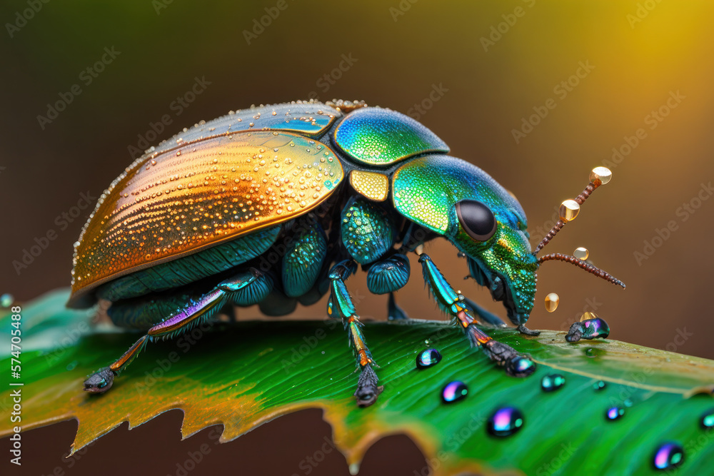 Naklejka premium Green bug sitting on leaf with drops of water on it. Macro. Generative AI.
