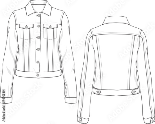 Women's Blank denim jacket flat sketch fashion design mock-up template	
