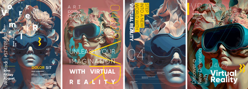 VR glasses. Posters in the style of fashion photography. Set of vector illustrations. Typography poster design and vectorized 3D illustrations on the background.