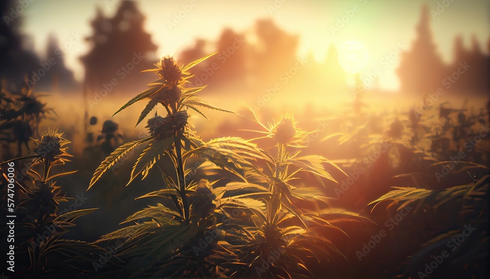 Obraz premium Mature Hemp Flower Cola Top with Green Leaves, Farm and Mountains in Background, Organic Cannabis Sativa Female Plant Grown in Oregon for CBD, Side View with Landscape. Generative Ai