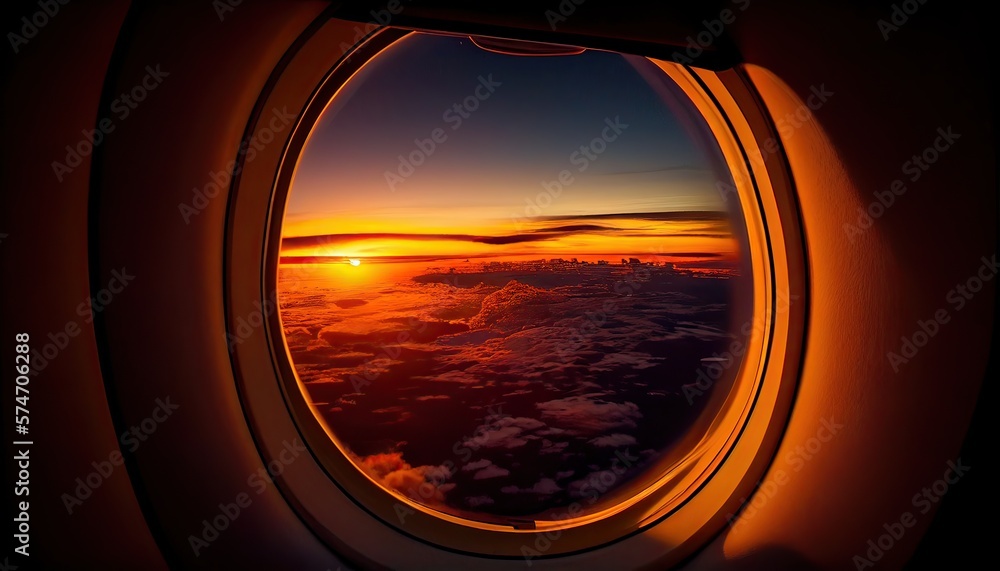 beautiful sky view from a window plane on a flight to travel with navy blue sky and clouds background. Generative Ai