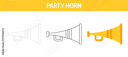 Party Horn tracing and coloring worksheet for kids